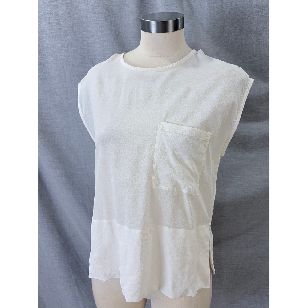 Everlane 100% Silk Sleeveless Button Back Pocket Top White 6 - Picture 2 of 9